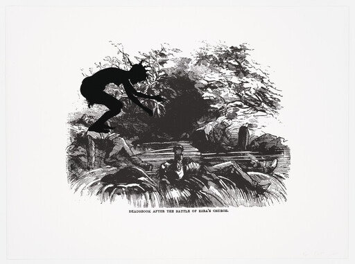 A silhouetted figure jumps from a rock toward a wounded man lying by a stream in woodland.