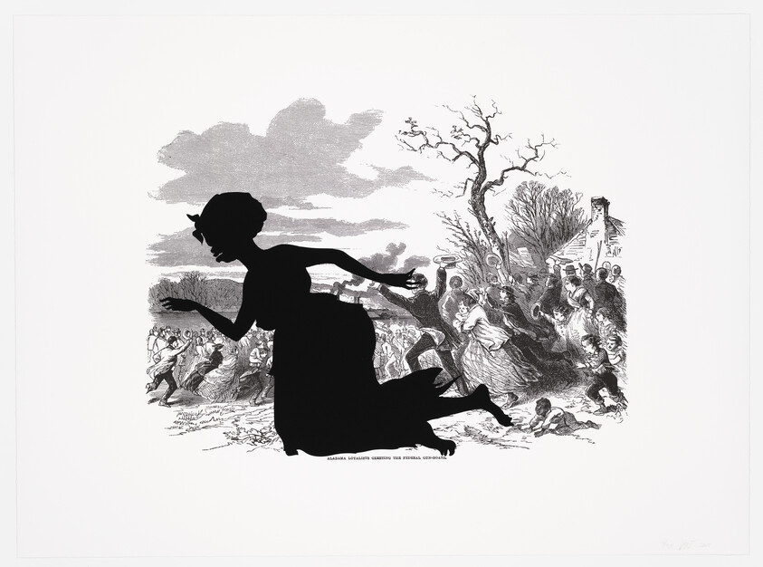 A black and white illustration featuring a large silhouette of a woman running in the foreground with a detailed scene in the background depicting a crowd of people, some playing musical instruments and others dancing. The scene suggests a celebration or gathering, with buildings and trees also visible in the background. Text at the bottom reads "Alabama Loyalists Greeting the Federal Gun-Boats."