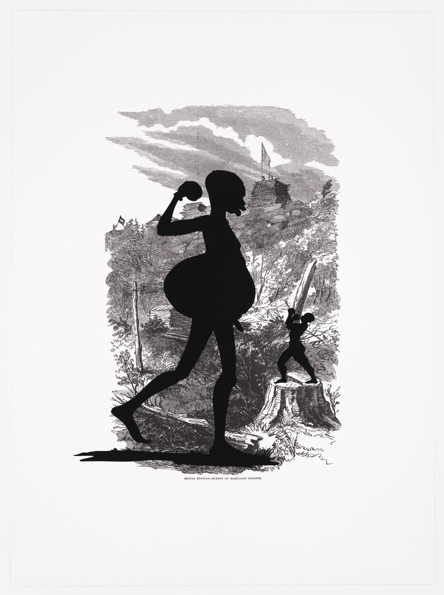 A large silhouetted woman prepares to throw a rock while a smaller figure mimics her on a stump.