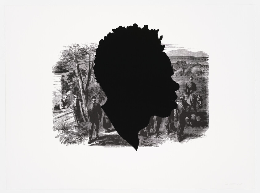 A black silhouette of a person's profile dominates the right side of the image, with historical scenes visible within the silhouette's outline. The scenes depict various figures in outdoor settings, suggesting moments from the past. The artwork combines portraiture with narrative elements, rendered in black and white.