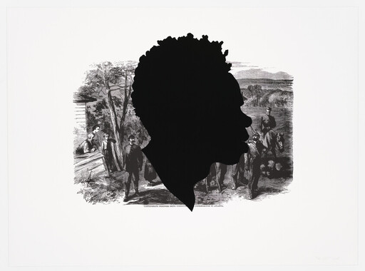 Large black silhouette of a person's profile overlays a 19th-century scene with men and horses.