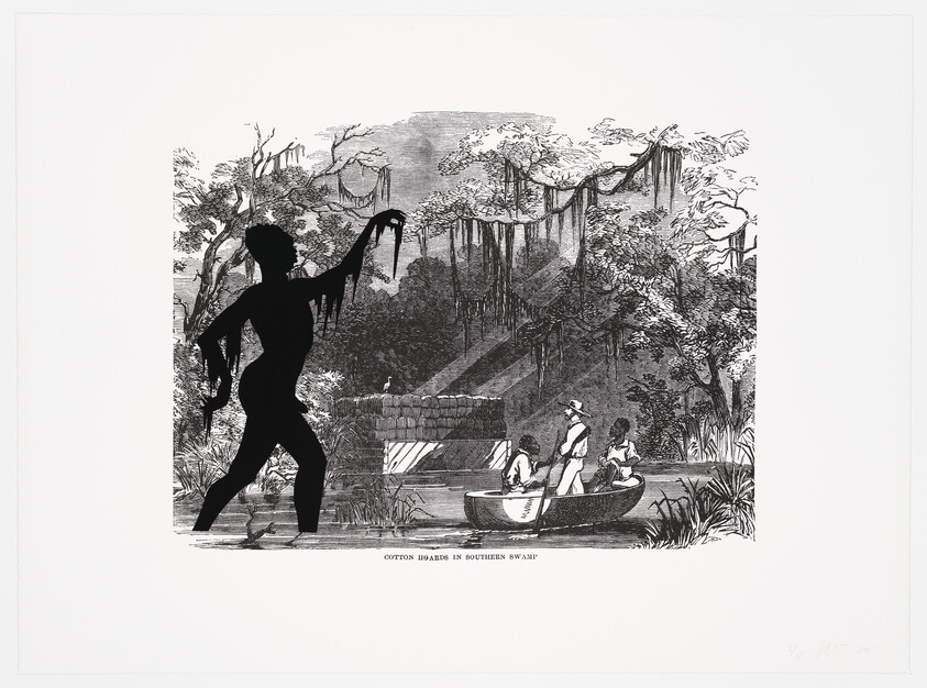 A black and white illustration featuring a silhouette of a person in the foreground with an outstretched arm, overlooking a scene of three individuals in a canoe in a swampy area with dense trees and hanging moss. The text below reads "COTTON HOARDS IN SOUTHERN SWAMP."