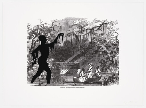 A person wades through a swamp holding hanging moss while three people sit in a nearby canoe.