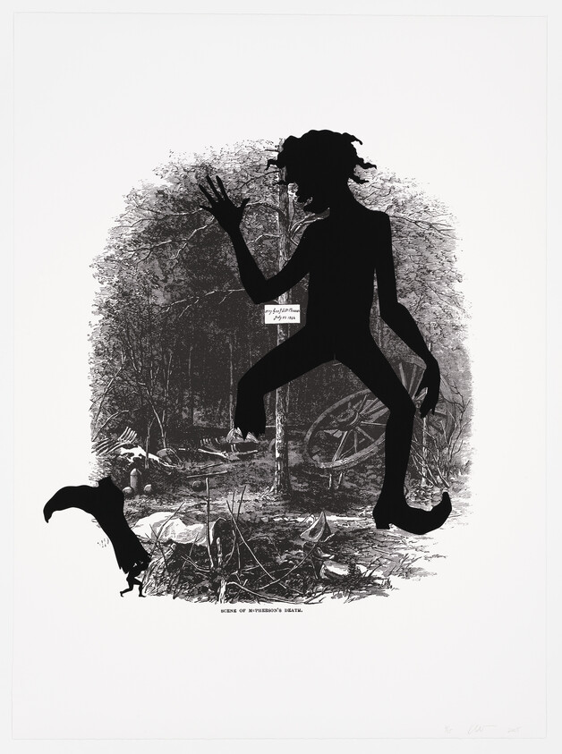 Silhouetted figure of a person in a dynamic pose against a detailed forest background with a sign reading "Scene of Mytherero's death" and various objects scattered on the ground, including a wheel, bones, and melon rinds.