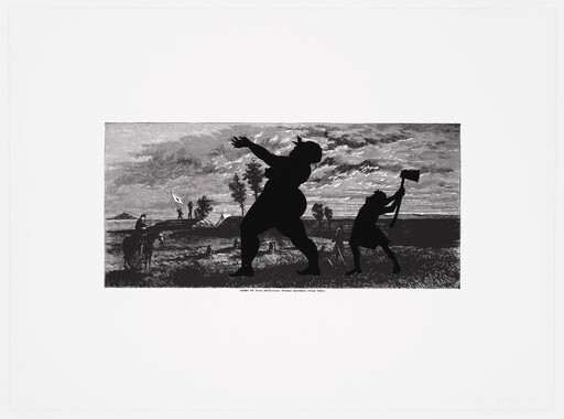 A giant silhouette staggers while a smaller figure swings an axe to strike it.