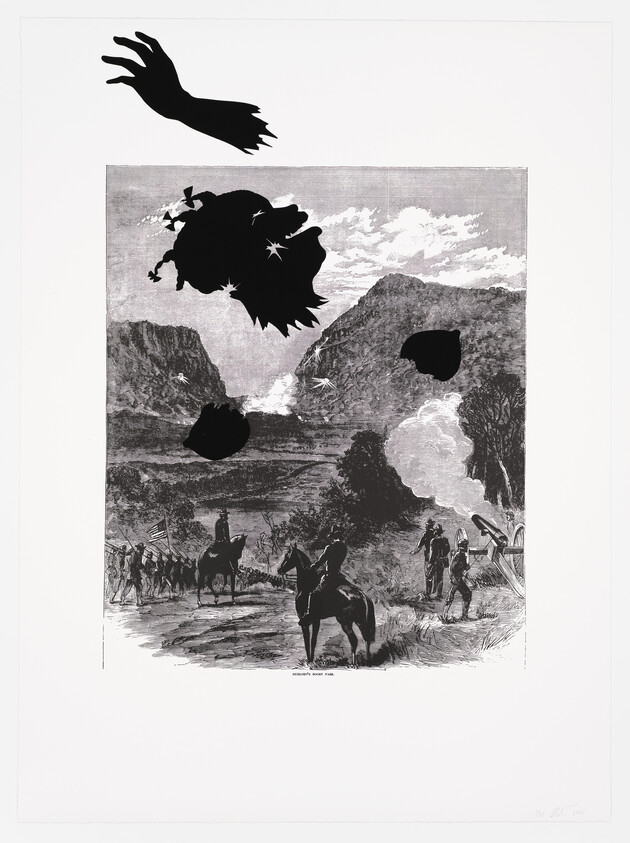 A black and white print depicting a historical battle scene with soldiers and cannons, overlaid with abstract black shapes, including one resembling a bird in flight and another resembling a profile of a face. The bottom of the image includes the text "Sherman's March to the Sea."
