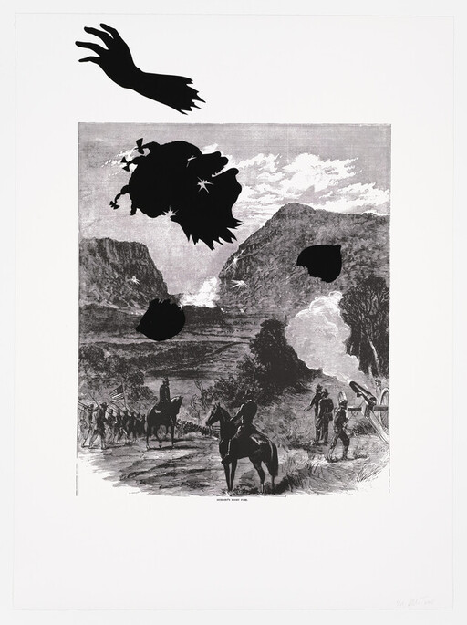 Soldiers and cavalry watch a cannon firing in a mountain valley while black silhouettes fall above.