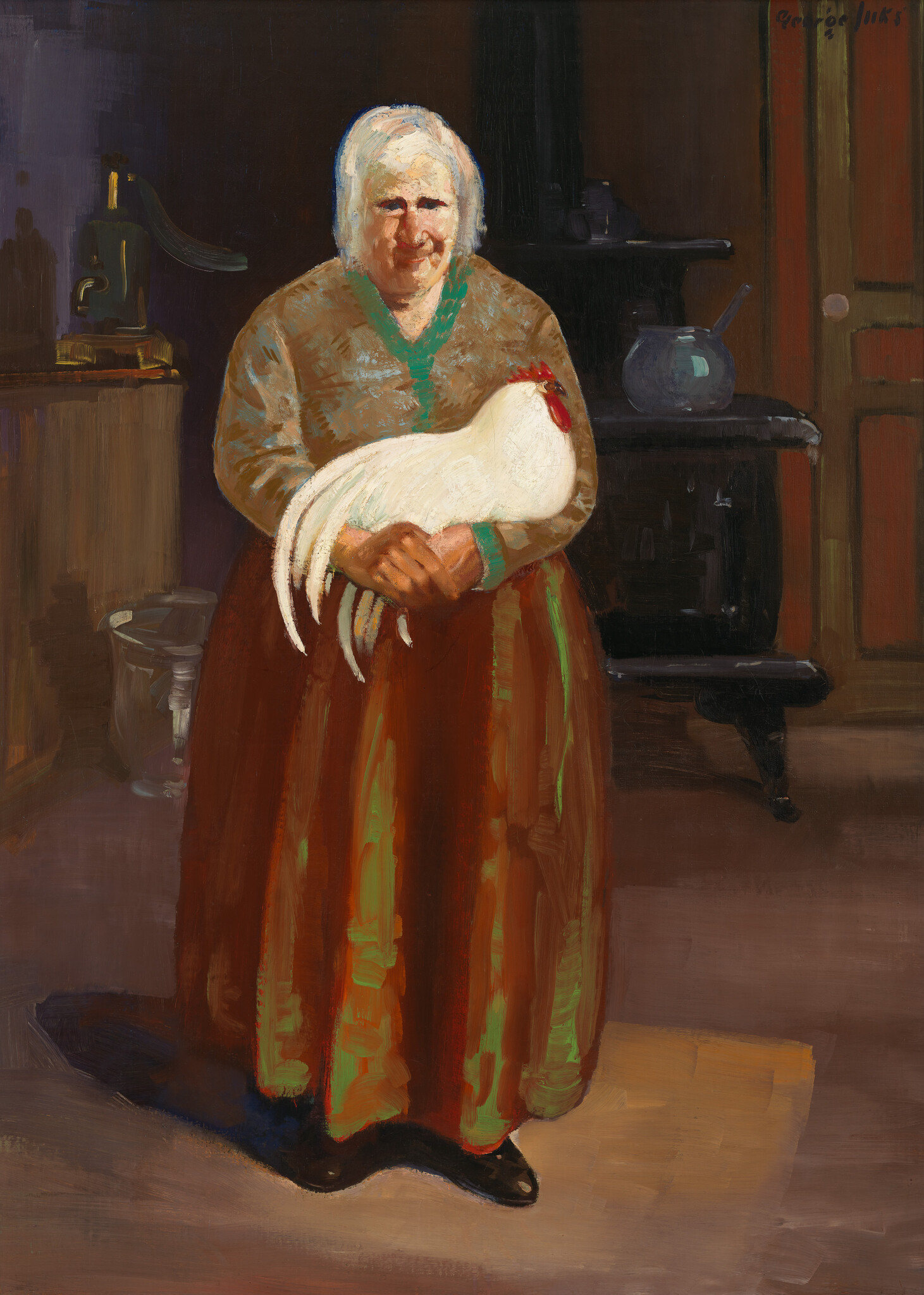 An elderly woman stands holding a white rooster in a dimly lit kitchen.