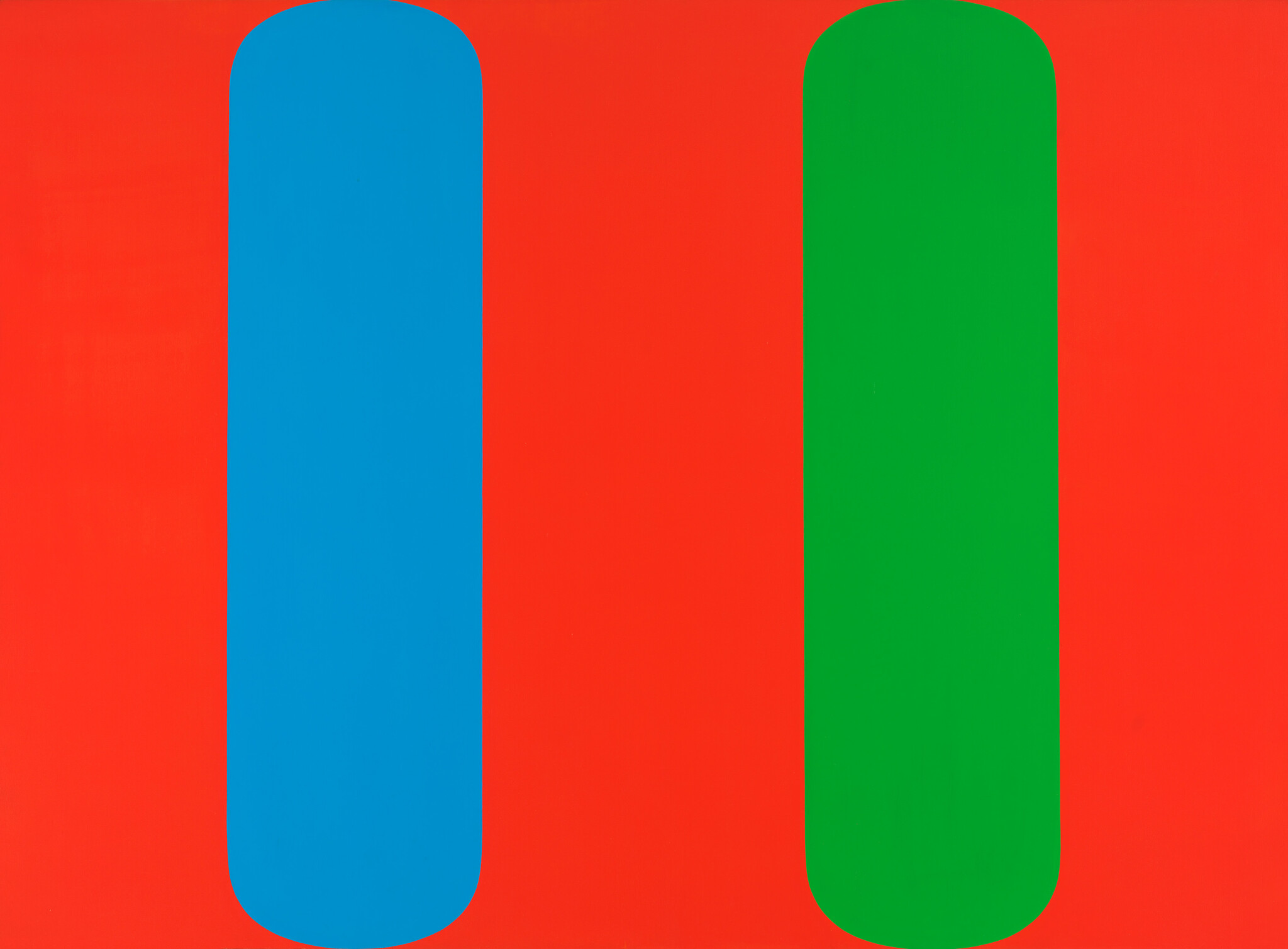 A minimalist artwork featuring two elongated, rounded rectangles, one blue on the left and one green on the right, set against a vibrant red background.