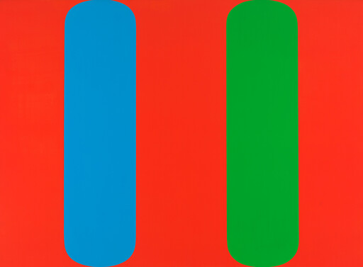 Two tall rounded rectangles, one blue and one green, stand on a bright red background.