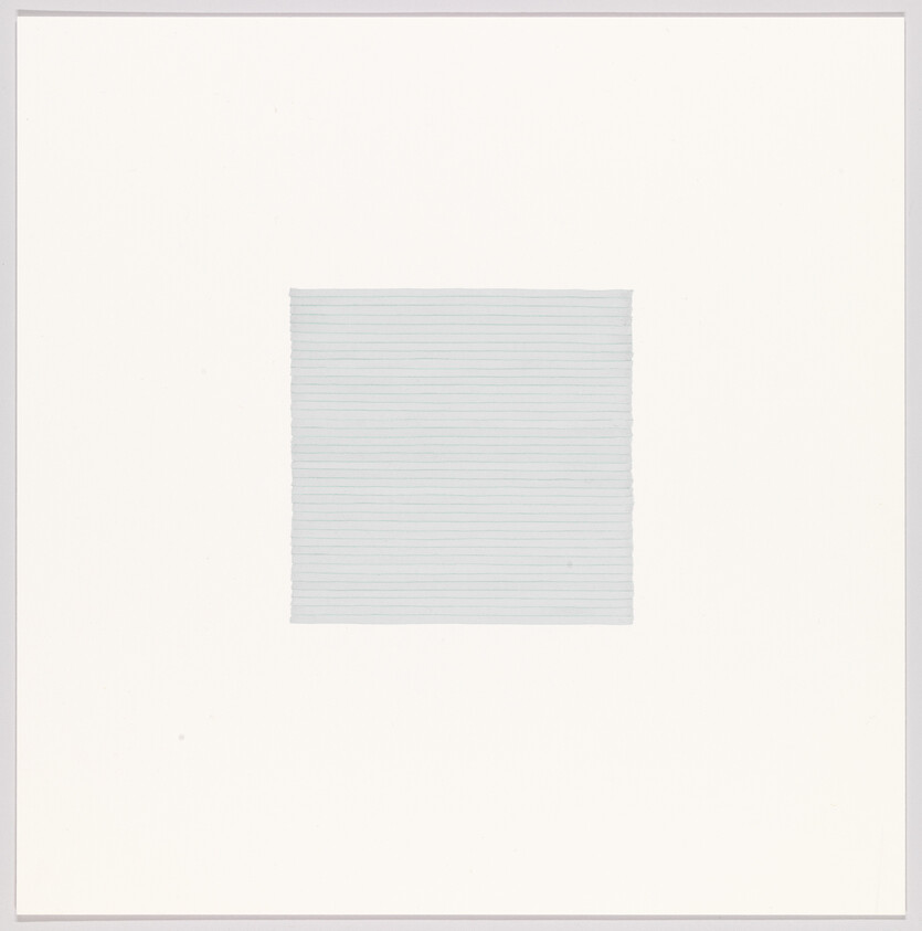 A minimalist artwork featuring a square composed of numerous horizontal pale blue lines centered on a white background.