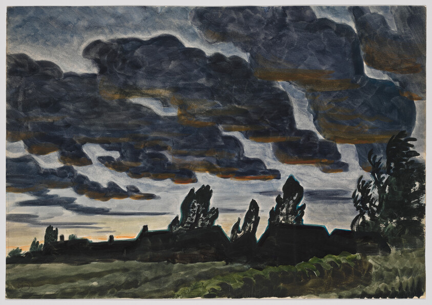 Dark storm clouds gather over silhouetted trees and low buildings at dusk.