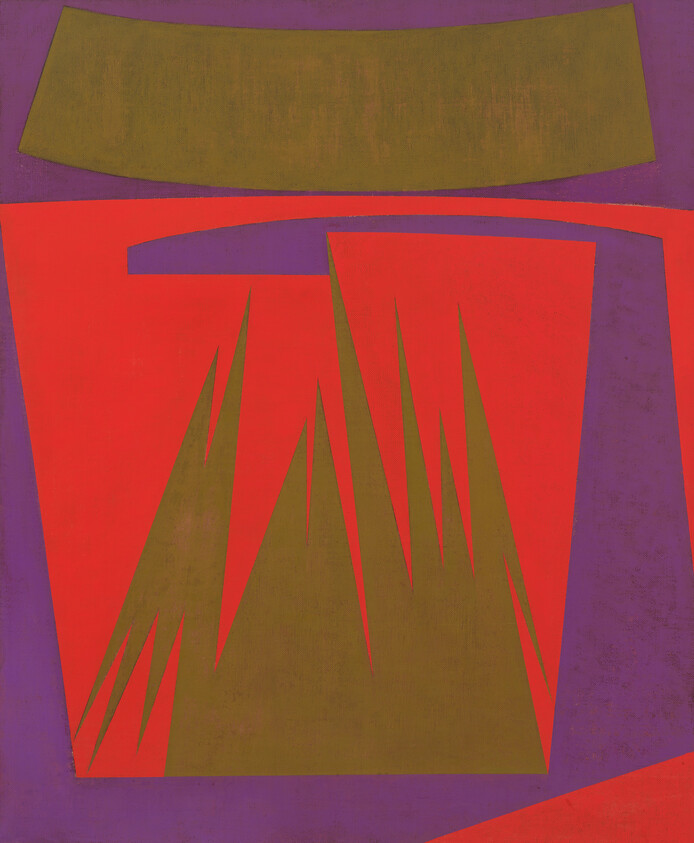 Large red panel with tall olive triangular spikes against a purple background and an olive bar above.