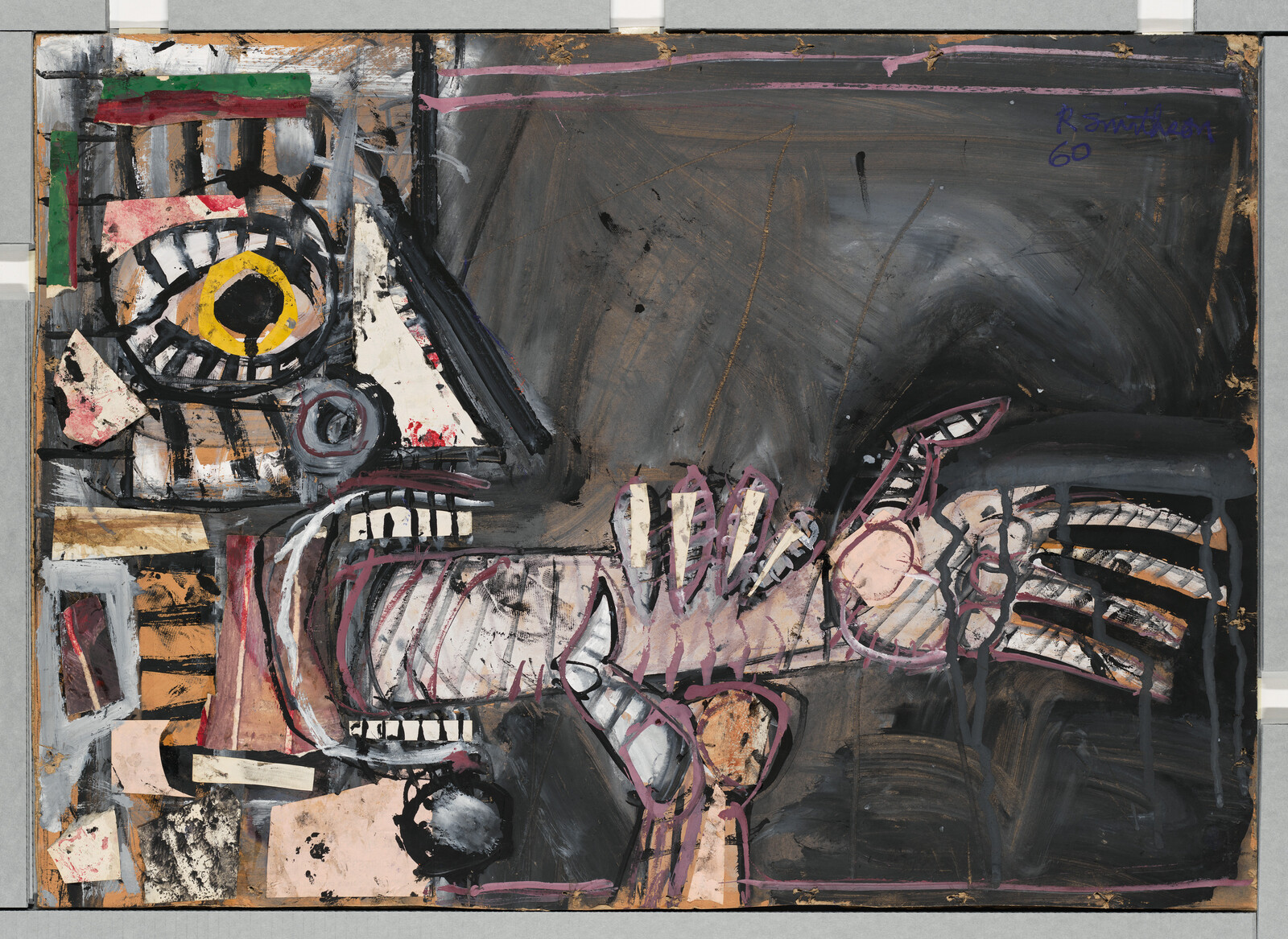 A chaotic abstract face with a large yellow eye biting a skeletal arm across a dark background.