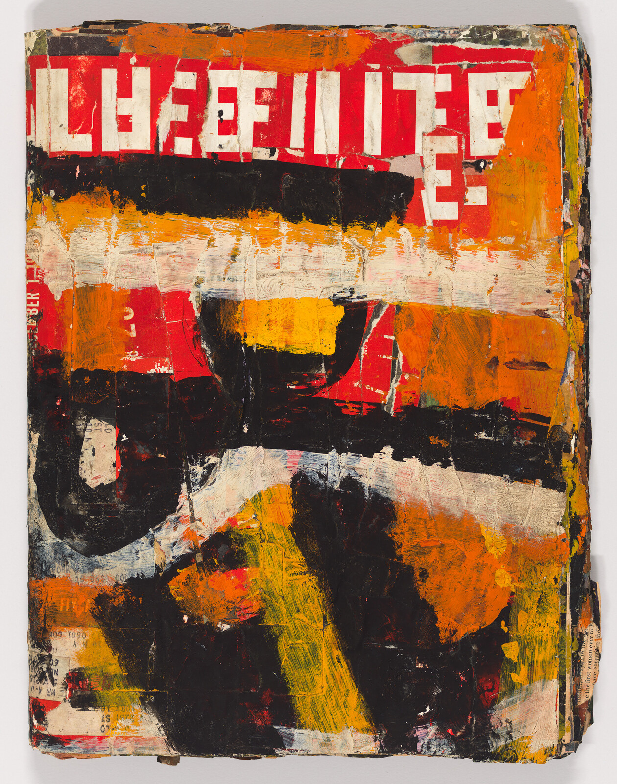 Abstract mixed-media collage with bold red, orange, black, and white paint layers.