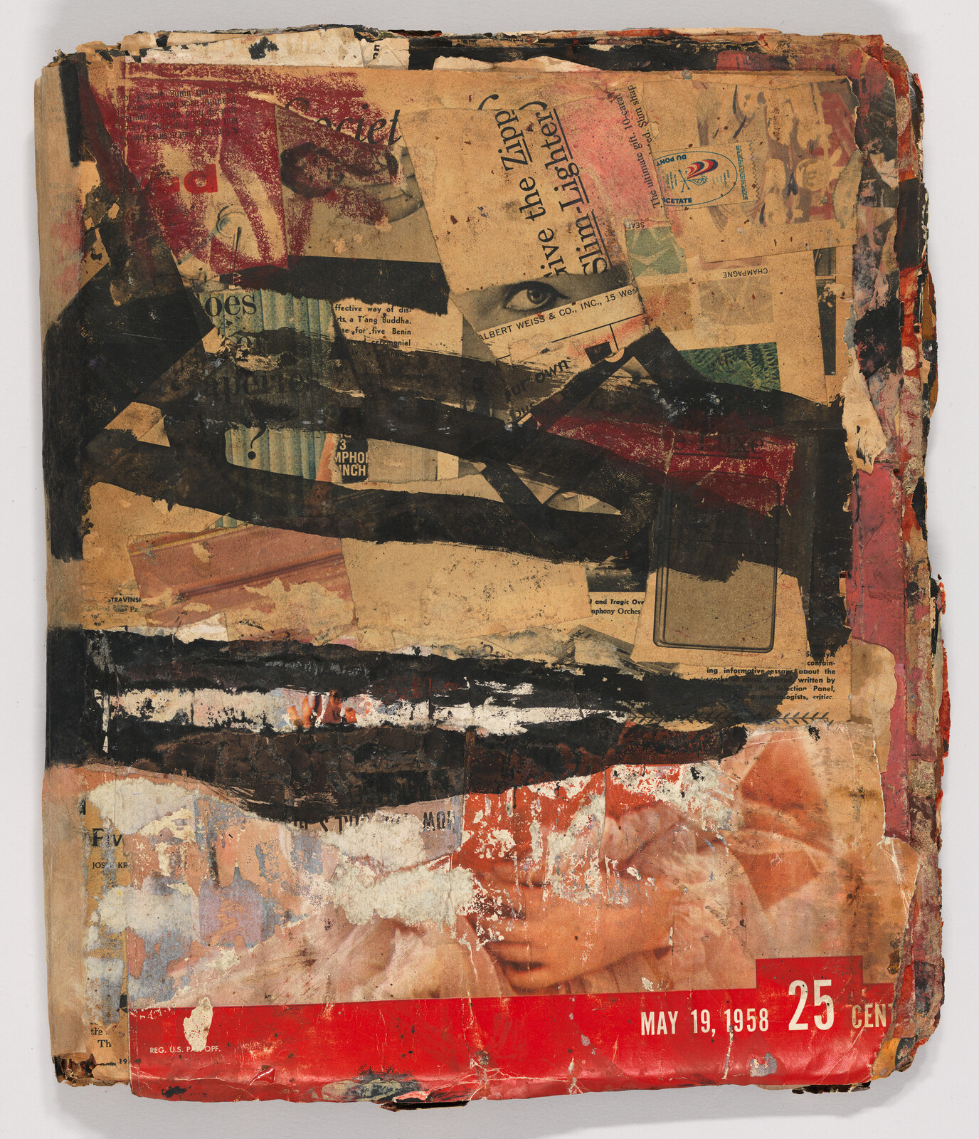 Worn collage-covered magazine front with torn paper, heavy black paint marks, and May 19, 1958 date.
