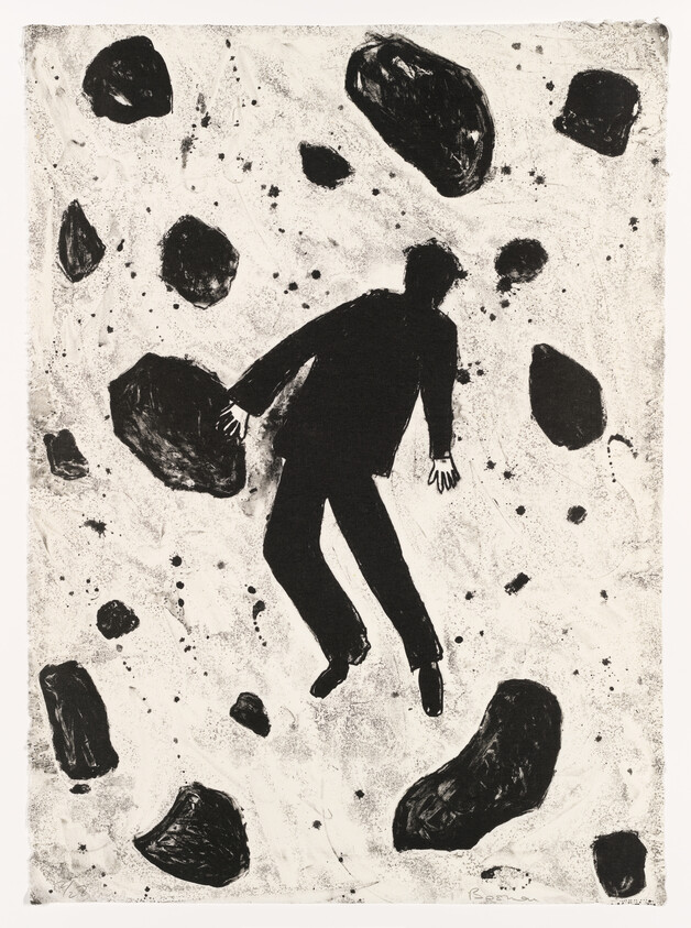 A dark silhouette of a person floating amid large black rocks on a light background.