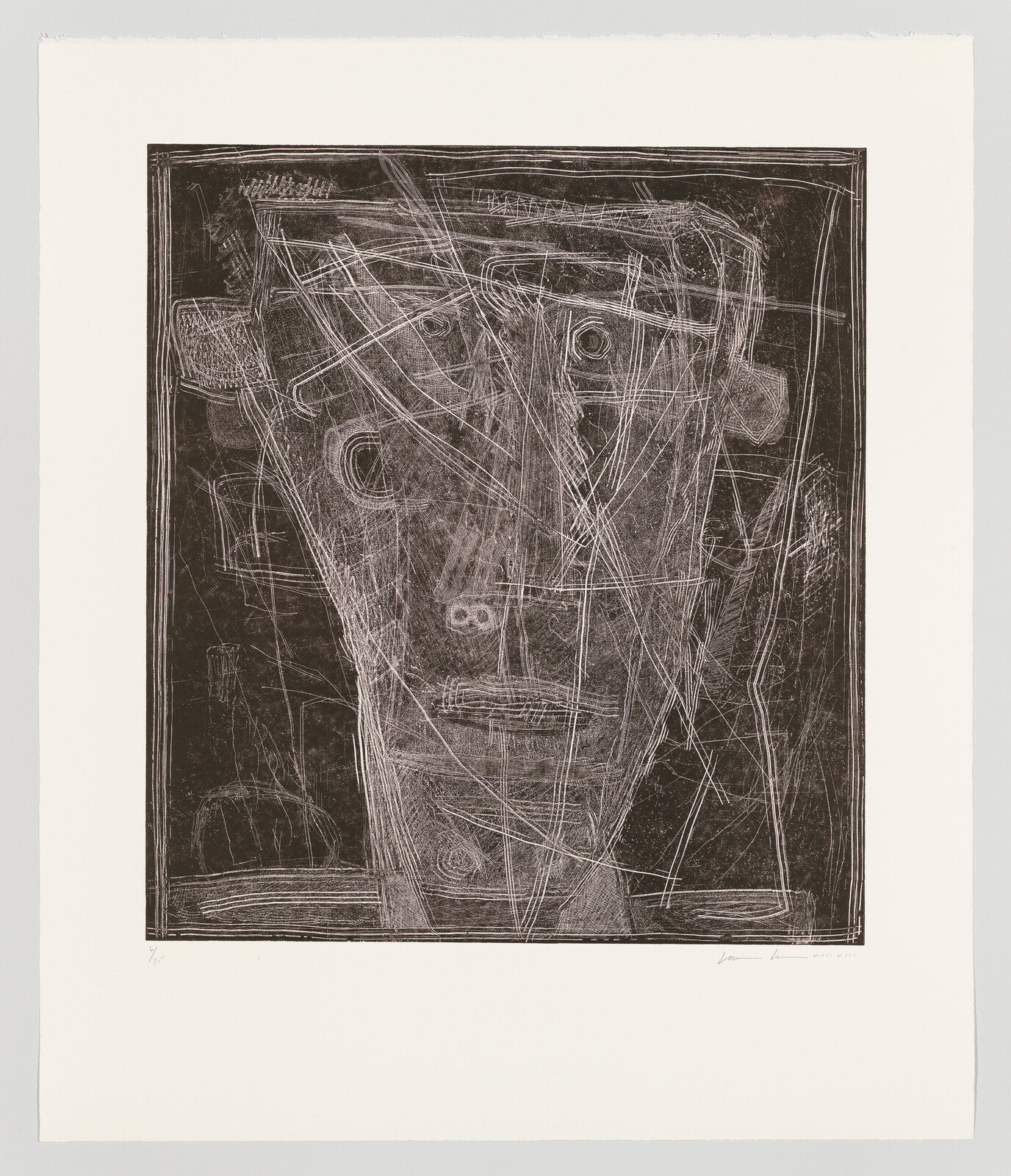 An abstract etching of a humanoid face with multiple overlapping lines and shapes creating a complex, textured appearance. The artwork is monochromatic, primarily in black and white, and is centered on a white background with the artist's signature at the bottom right.