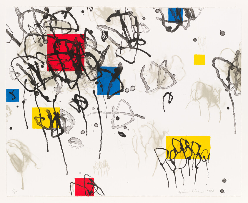Abstract composition with red, blue, and yellow squares overlaid by black scribbles and gray washes.