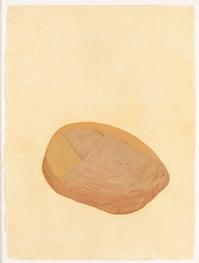 A simple painting of a loaf of bread on a plain, light-colored background.