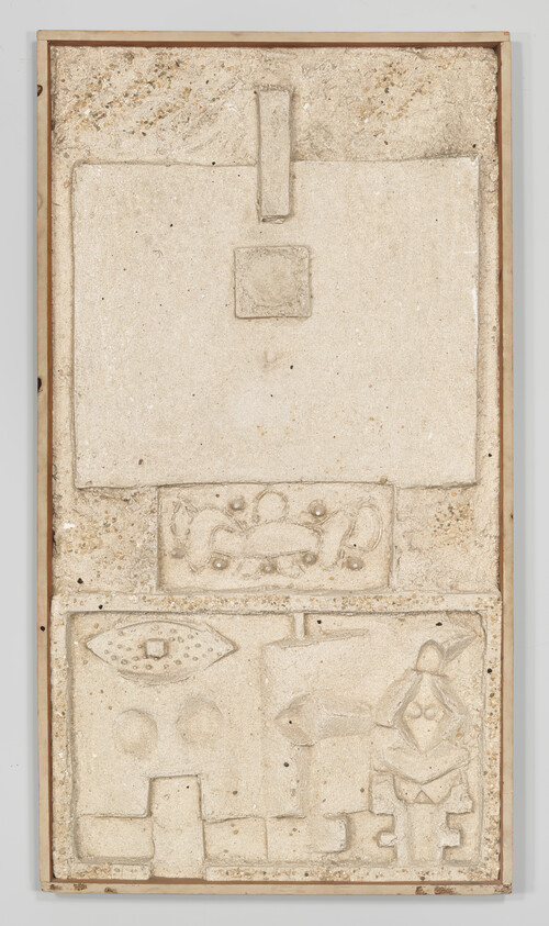 Rectangular plaster relief with abstract geometric shapes and a stylized human figure at the lower right.