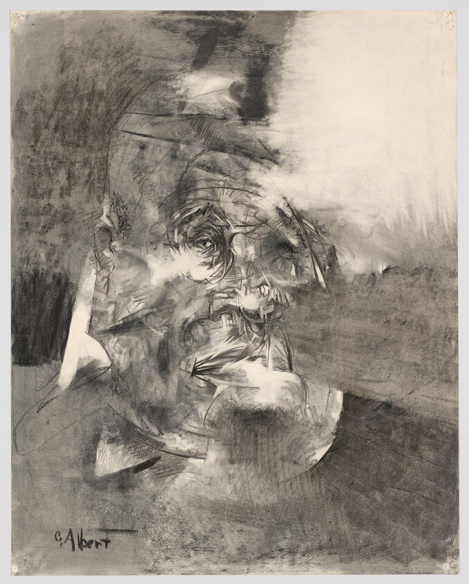 Distorted charcoal portrait of a man's face with swirling, blurred lines and smudged shading.