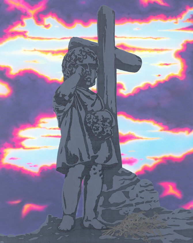 A stone child statue stands beside a cross holding flowers and shielding its eyes against a colorful sky.