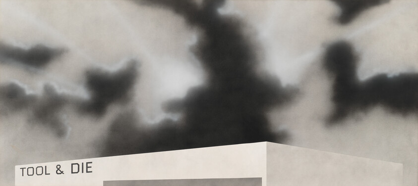A plain factory building labeled "TOOL & DIE" with dark smoke-filled clouds rising above.