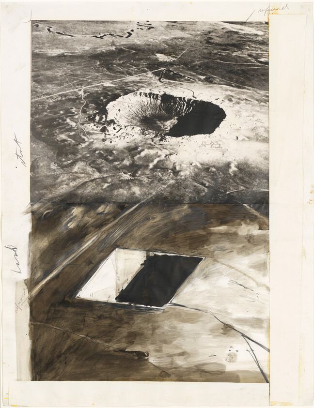 Large aerial crater above a rectangular open shaft in a barren landscape.