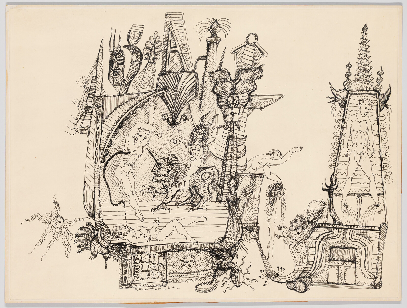 Surreal ink drawing showing nude human figures and strange creatures on ornate mechanical structures labeled "BLEEP BLEEP BLEEP".