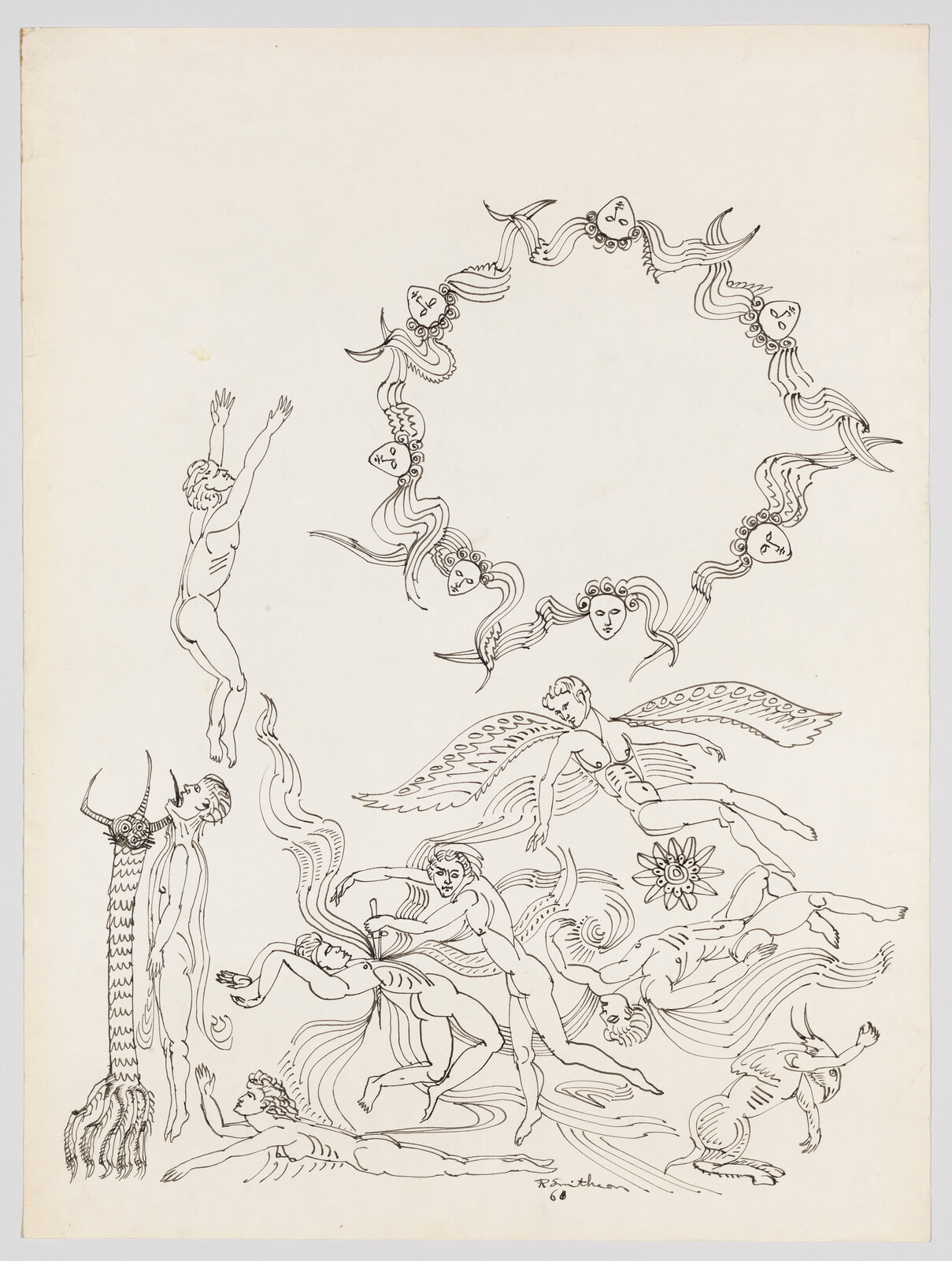 Several nude mythological figures and winged beings interact around a circle of flowing-faced heads.