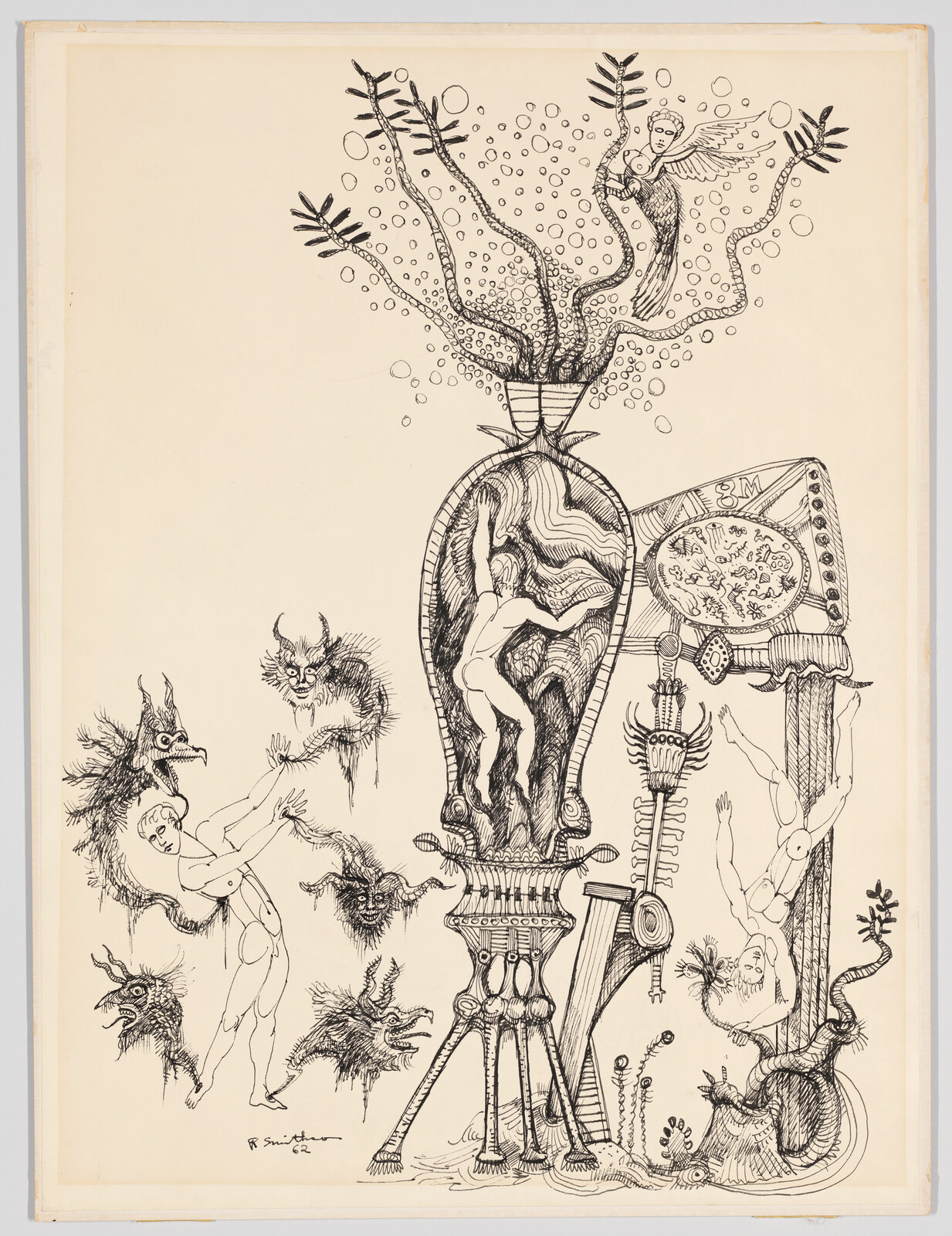 A tall ornate vessel contains a naked figure surrounded by strange creatures and tentacle plants.