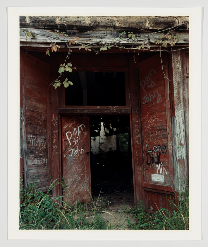 A weathered wooden doorway of an abandoned building with graffiti scribbled across its surface. Names and messages are etched into the wood, and a vine with leaves creeps over the top of the frame. The door is open, leading to a dark, dilapidated interior. Tall grass grows in the foreground, indicating neglect and the passage of time.