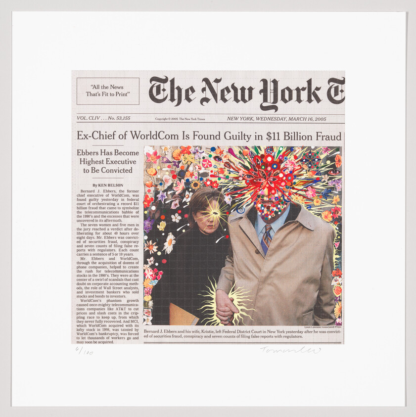 New York Times front page reporting ex-WorldCom chief found guilty in $11 billion fraud with colorful altered photograph.