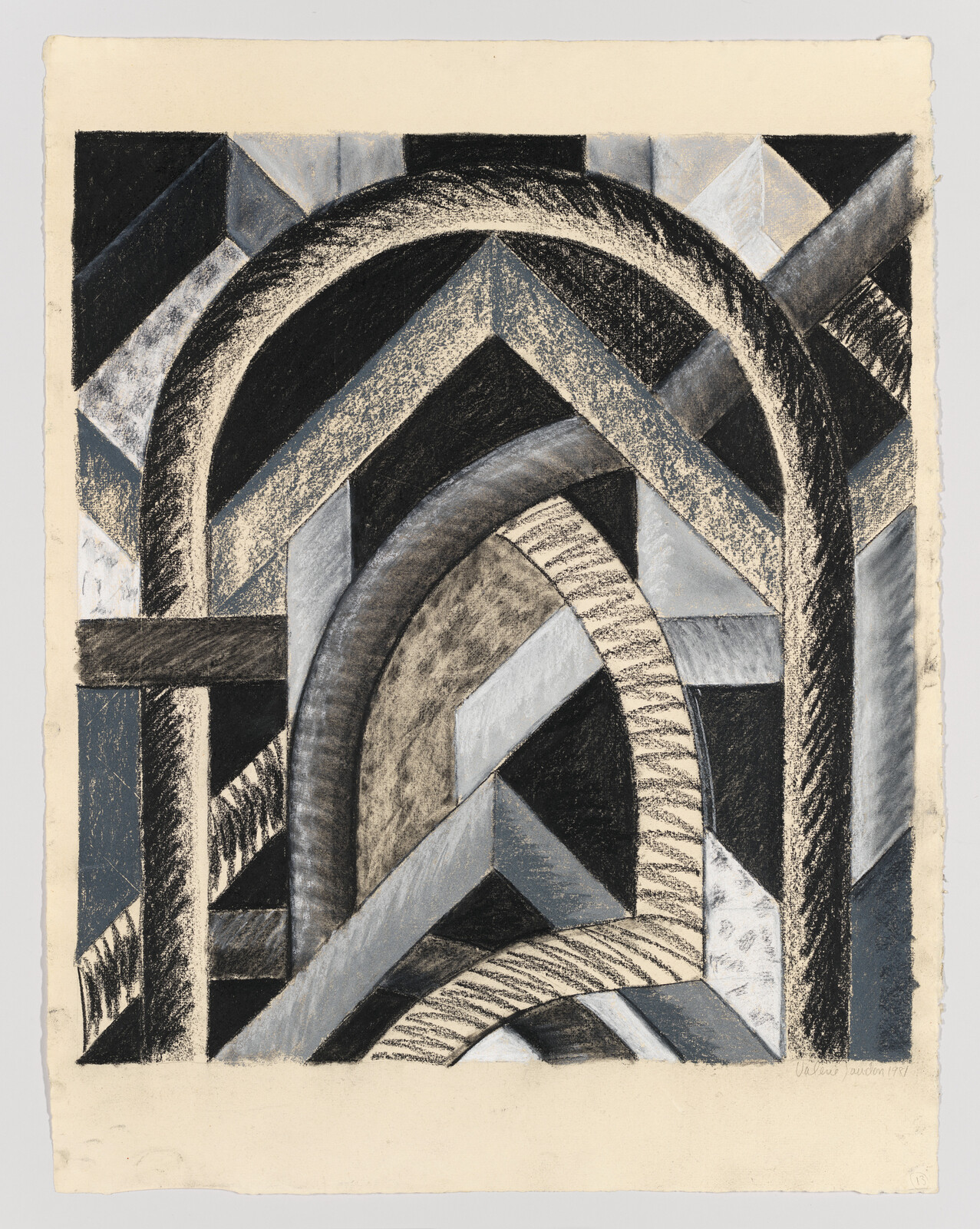 Intersecting curved and angular bands form a layered black, gray, and cream geometric composition.