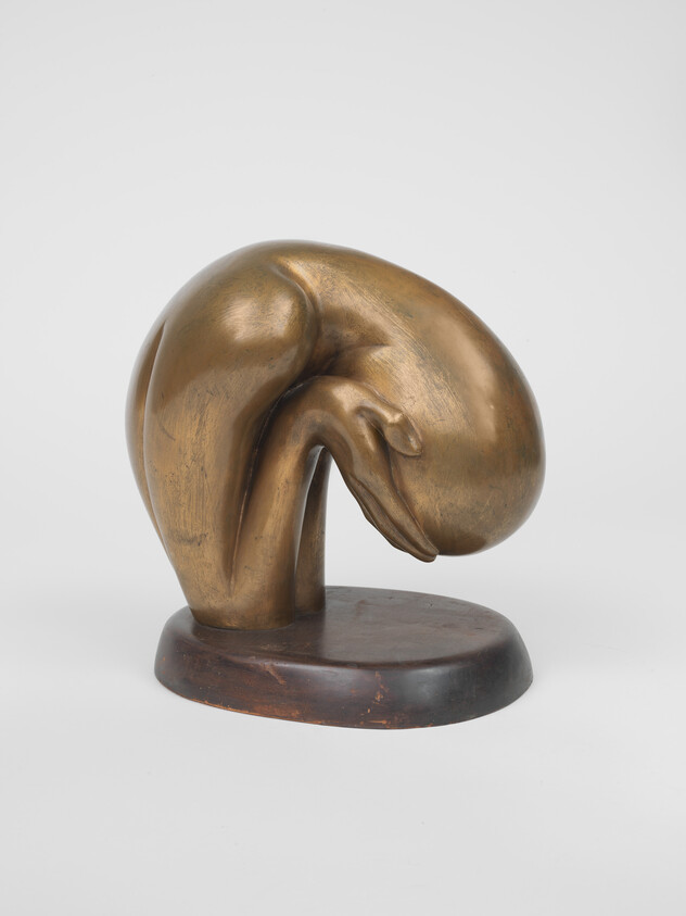 A bronze sculpture of an abstract form resembling a bent knee or an elephant's trunk, with smooth, flowing lines, displayed against a white background.