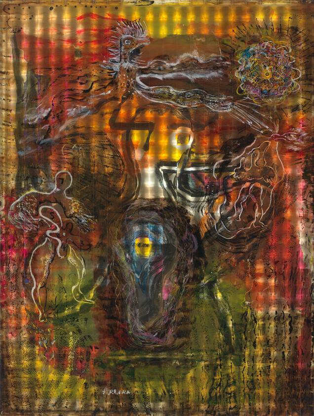 Abstract painting with a central glowing skull-like form surrounded by bird, human outlines, and swirling colors.