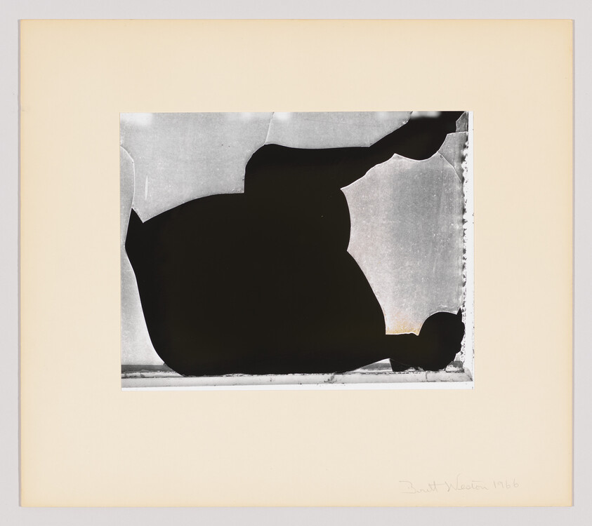 A photograph featuring a high-contrast silhouette of a teapot against a light background, with the silhouette edges appearing torn or irregular. The image is mounted on a beige mat board with the artist's signature and the year 1986 written in the lower right corner.