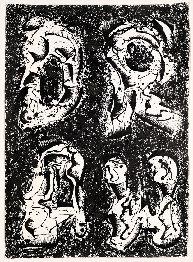 High-contrast black and white print with four large abstract organic shapes against a speckled background.