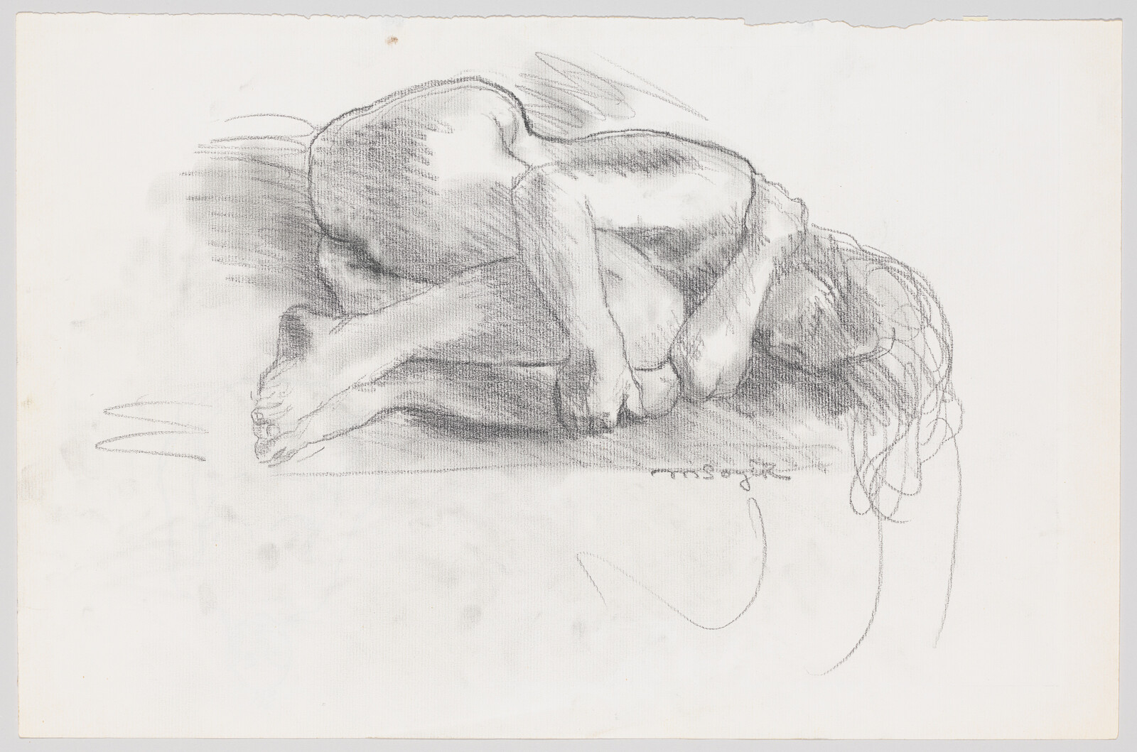 A pencil sketch of a nude figure curled on their side with arms wrapped around legs.