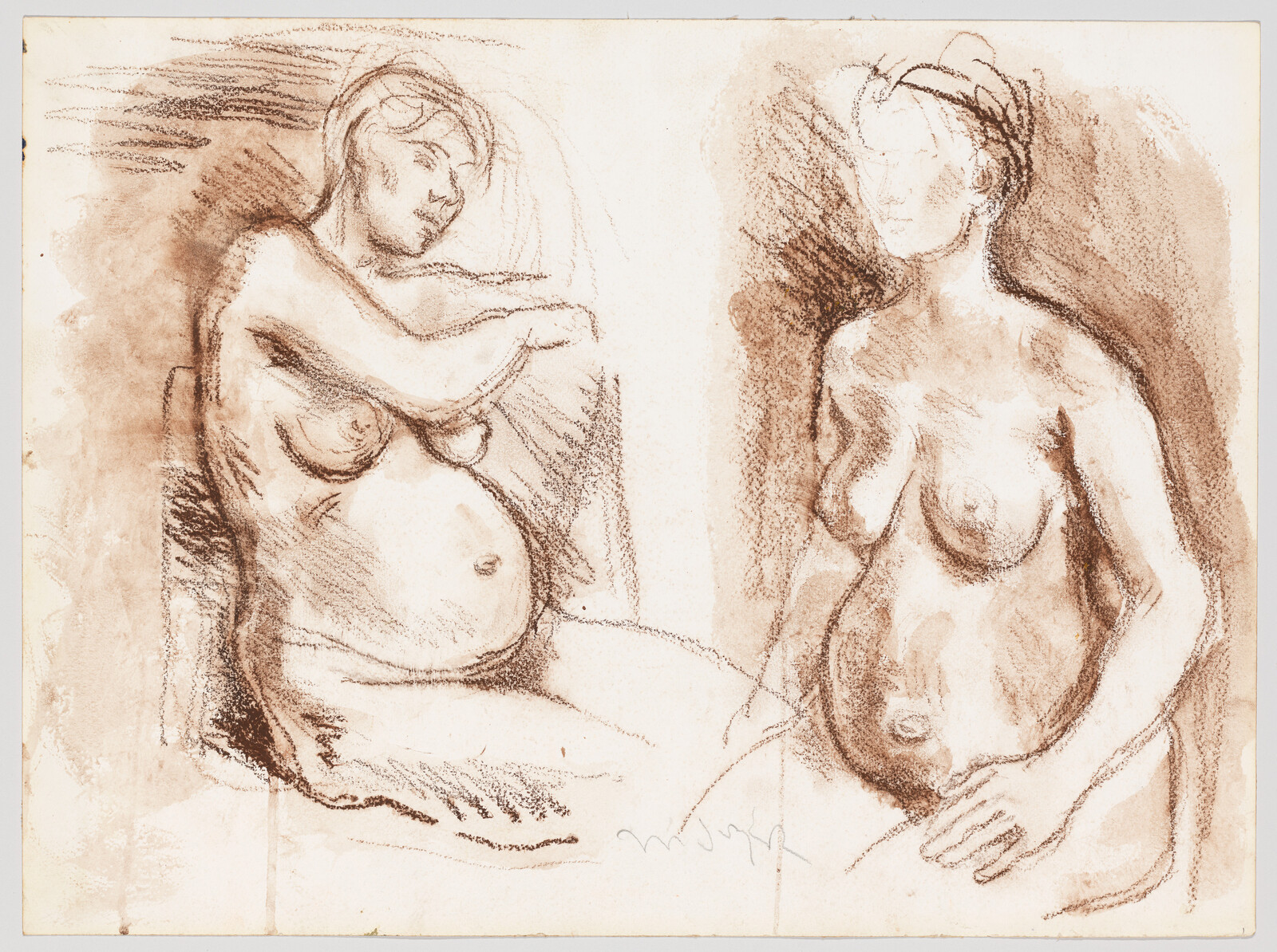 Two seated pregnant women drawn in brown chalk, one resting her arm across her chest.