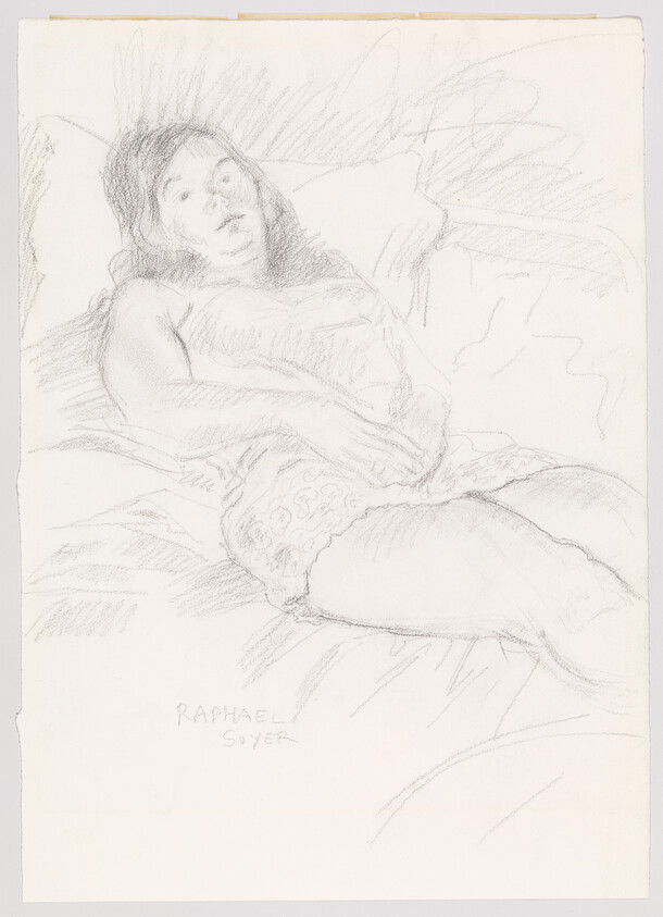 A woman reclines on a bed wearing a slip, one hand resting on her stomach.