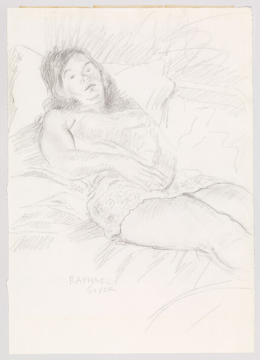 A woman reclines on a bed wearing a slip, one hand resting on her stomach.