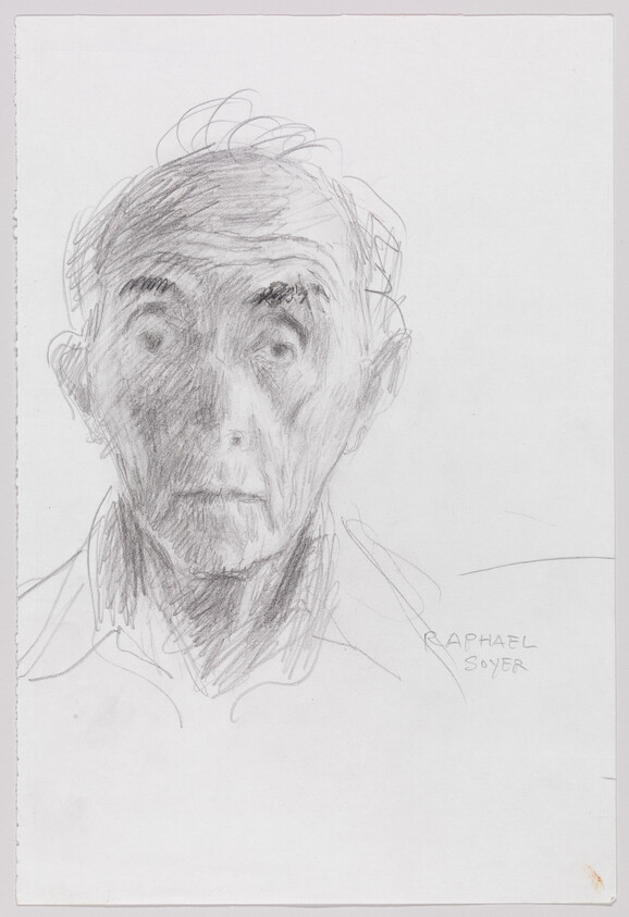 A sketch of an elderly man's face with expressive lines and shading, capturing a contemplative expression. The artist's signature, "Raphael Soyer," is visible at the bottom right.