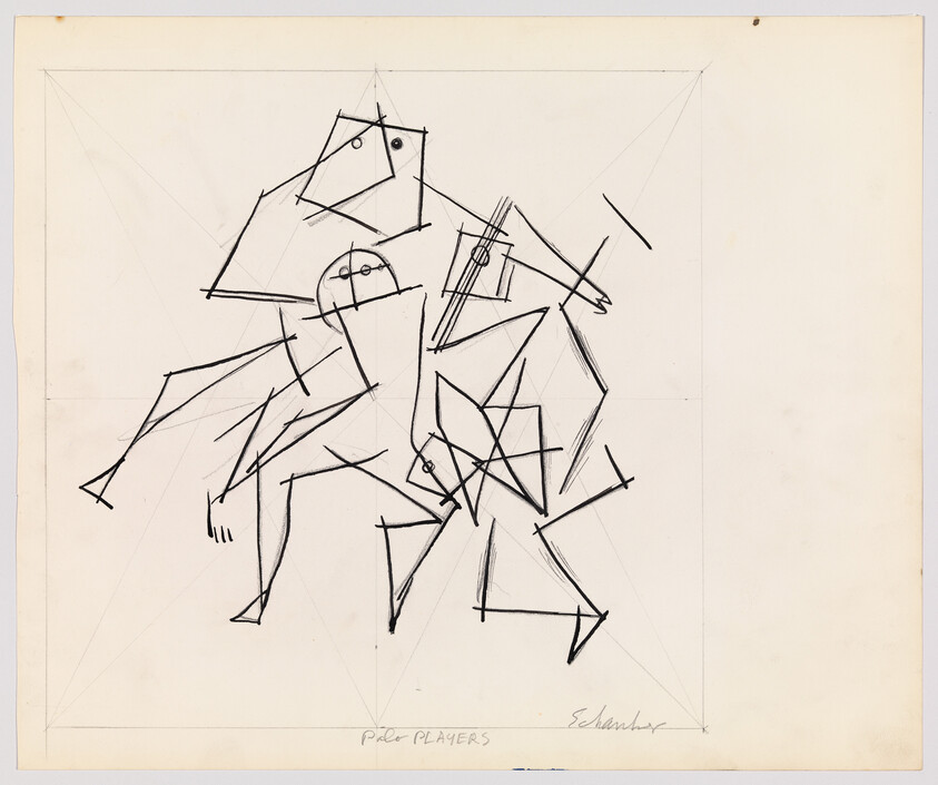 Abstract ink drawing of two geometric figures riding and swinging mallets, titled Polo Players.