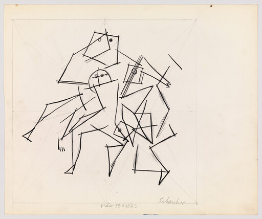 Abstract ink drawing of two geometric figures riding and swinging mallets, titled Polo Players.