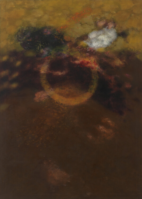 Abstract painting showing a glowing circular ring surrounded by dark, cloud-like color and a bright white patch.