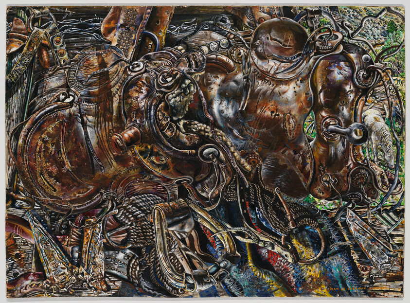 Tangled pile of rusted leather saddles, harnesses, buckles, and ropes with worn metal details.