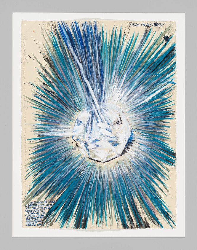 A bright, faceted sphere bursts with blue and teal rays radiating outward across the page.