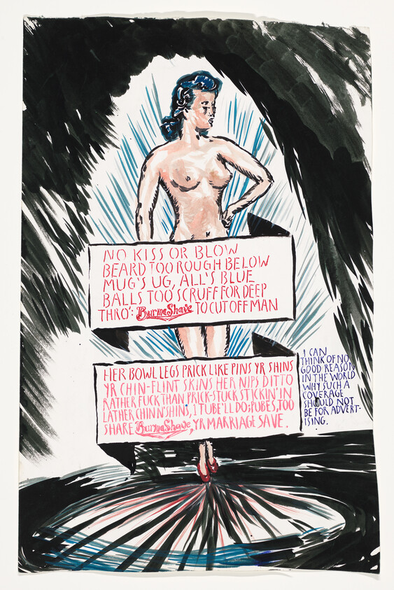 A nude woman standing confidently with handwritten text panels covering her torso and lower body.
